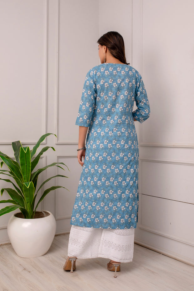 Women Blue Ethnic Printed Straight Kurta with Three Quarter Sleeves