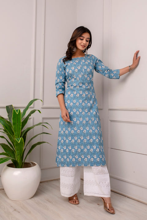 Women Blue Ethnic Printed Straight Kurta with Three Quarter Sleeves