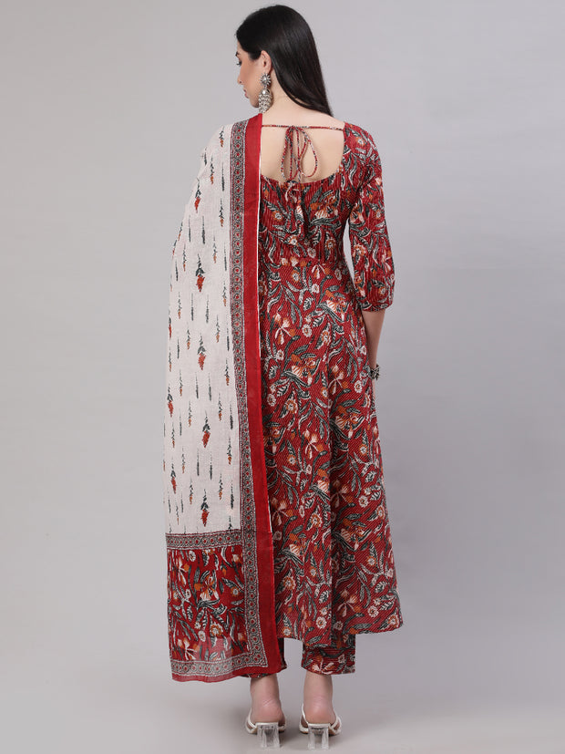 Women Maroon Floral Printed Flared Kurta With Trouser And Dupatta