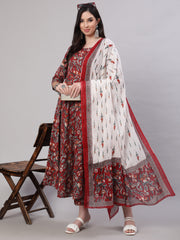 Women Maroon Floral Printed Flared Kurta With Trouser And Dupatta