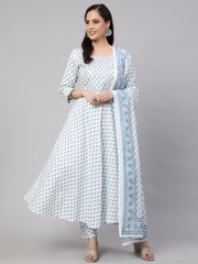 Women Off-White Ethnic Printed Kurta With Trouser And Dupatta