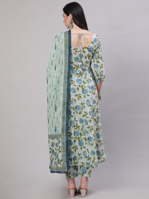 Women Grey Floral Printed Flared Kurta With Trouser And Dupatta