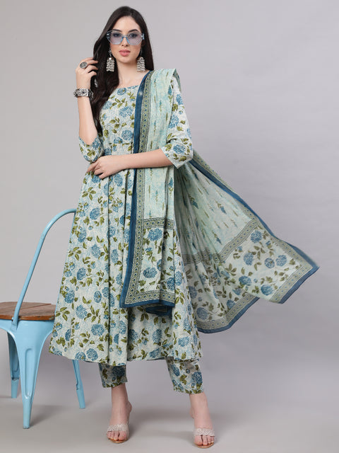 Women Grey Floral Printed Flared Kurta With Trouser And Dupatta