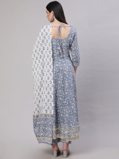 Women Grey Floral Printed Flared Kurta With Trouser And Dupatta