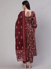 Women Burgundy Floral Printed Flared Kurta With Trouser And Dupatta