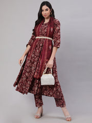 Women Burgundy Floral Printed Flared Kurta With Trouser And Dupatta