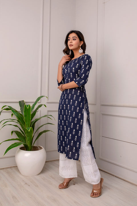 Women Navy Blue Printed Straight Kurta With Three Quarter Sleeves