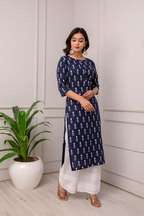 Women Navy Blue Printed Straight Kurta With Three Quarter Sleeves