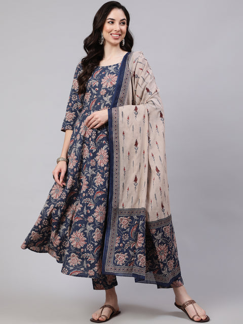 Women Blue Floral Printed Anarkali Kurta With Trouser And Dupatta