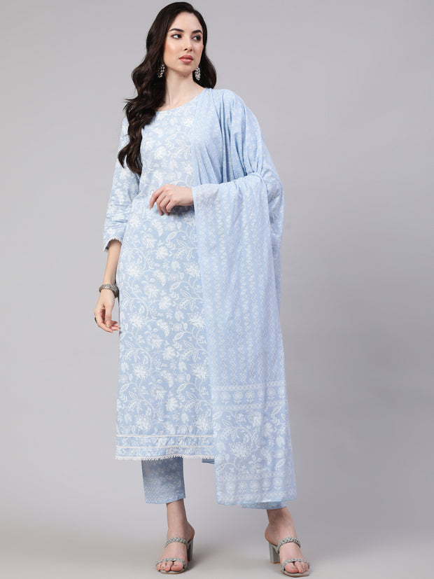Women Blue Ethnic Printed Straight Kurta With Trouser And Dupatta