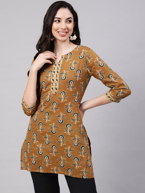 Women Mustard Straight Tunic With Three Quaretr Sleeves