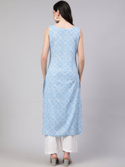 Women Blue Ethnic Printed Straight Sleevless Kurta