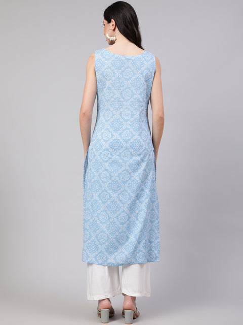 Women Blue Ethnic Printed Straight Sleevless Kurta