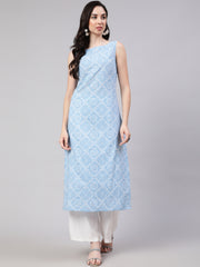 Women Blue Ethnic Printed Straight Sleevless Kurta