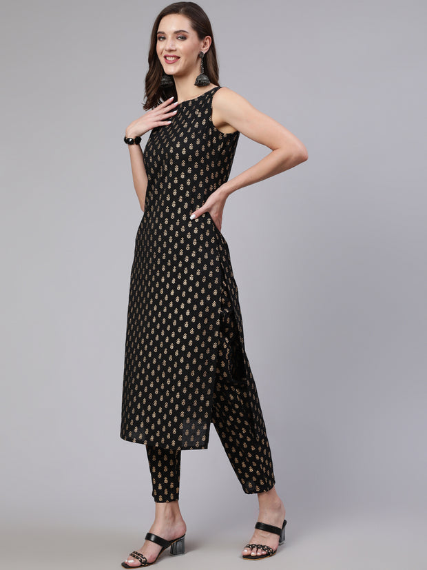 Women Black Printed Straight Kurta With Trouser And Dupatta