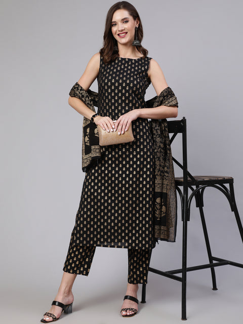 Women Black Printed Straight Kurta With Trouser And Dupatta