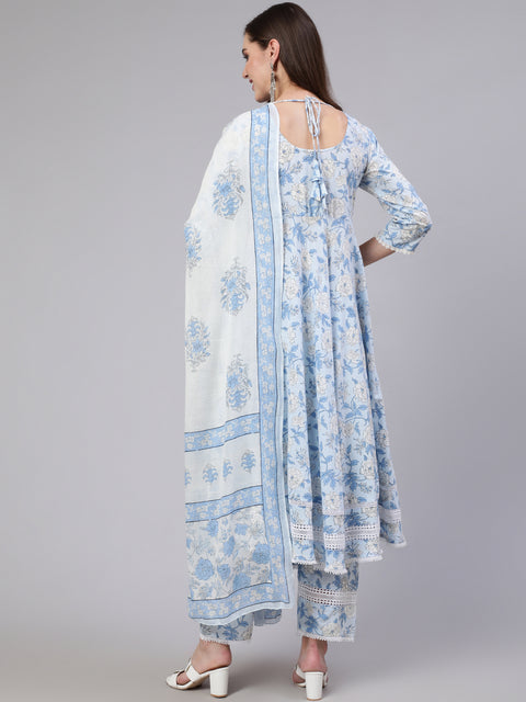 Women Blue Floral Printed Anarkali Kurta With Trouser And Dupatta