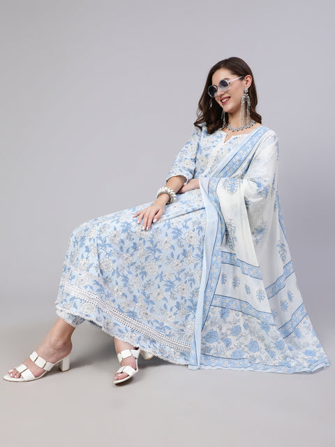 Women Blue Floral Printed Anarkali Kurta With Trouser And Dupatta