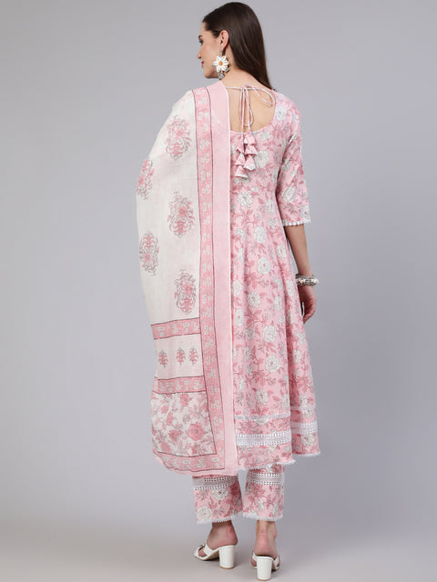 Women Pink Floral Printed Anarkali Kurta With Trouser And Dupatta