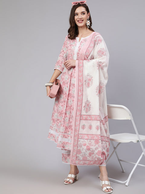 Women Pink Floral Printed Anarkali Kurta With Trouser And Dupatta