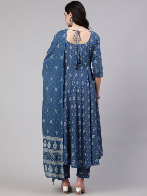 Women Blue Floral Printed Anarkali Kurta With Trouser And Dupatta