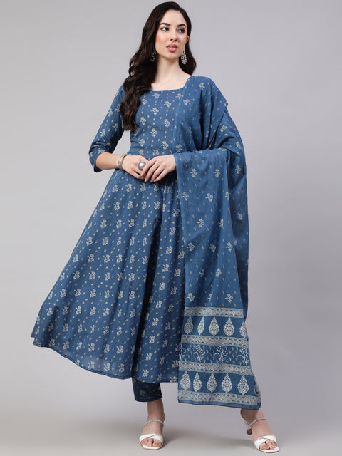 Women Blue Floral Printed Anarkali Kurta With Trouser And Dupatta