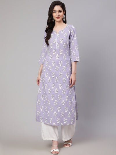 Women Purple Ethnic Printed Straight Kurta With Three Quarter Sleeves