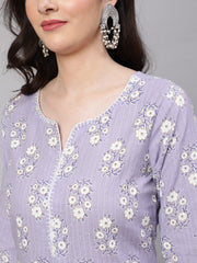 Women Purple Ethnic Printed Straight Kurta With Three Quarter Sleeves