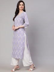 Women Purple Ethnic Printed Straight Kurta With Three Quarter Sleeves