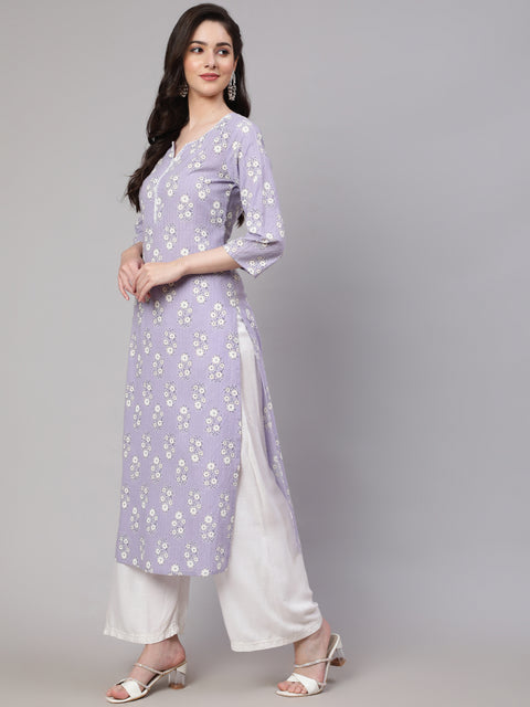 Women Purple Ethnic Printed Straight Kurta With Three Quarter Sleeves