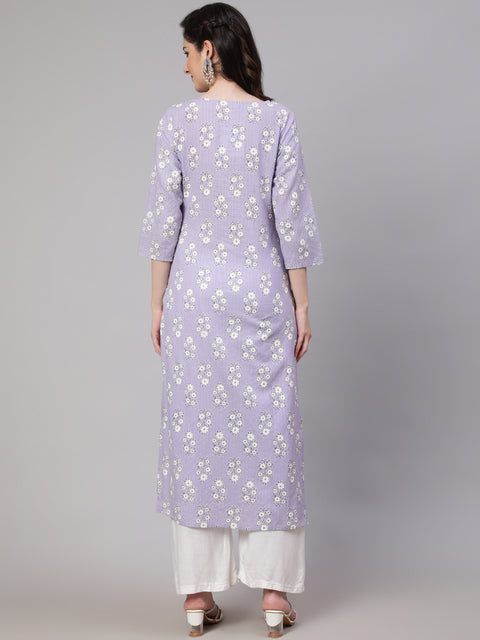 Women Purple Ethnic Printed Straight Kurta With Three Quarter Sleeves