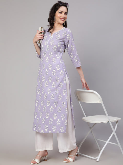 Women Purple Ethnic Printed Straight Kurta With Three Quarter Sleeves