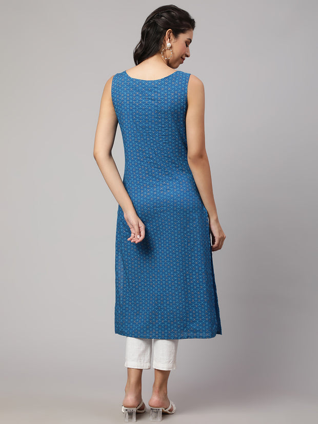 Women Blue Printed Straight Sleeveless Kurta