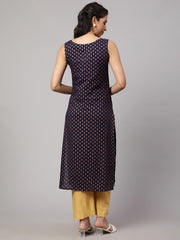 Women Navy Blue Printed Straight Sleeveless Kurta