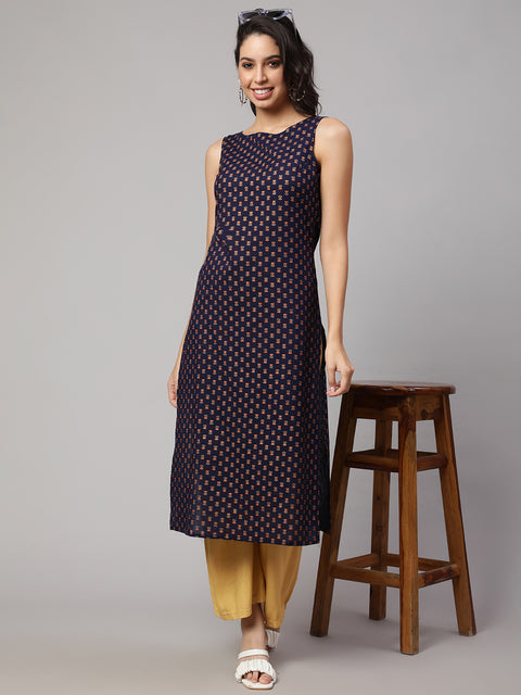 Women Navy Blue Printed Straight Sleeveless Kurta