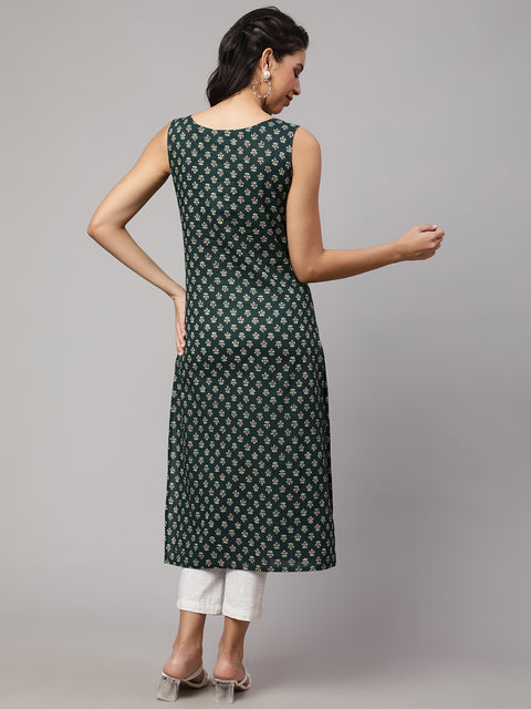 Women Green Ethnic Printed Straight Sleevless Kurta