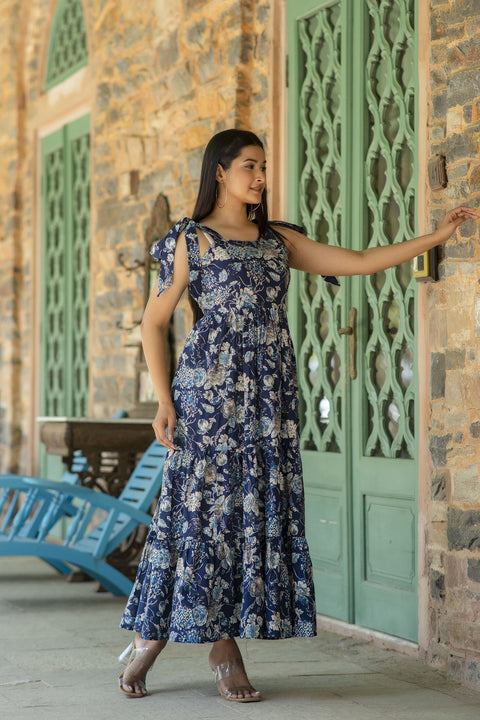 Women Navy Blue Floral Printed Sleeveless Dress