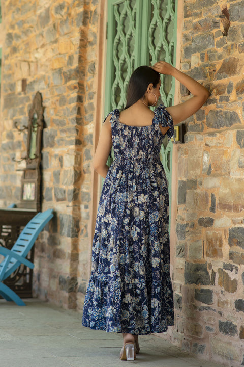 Women Navy Blue Floral Printed Sleeveless Dress