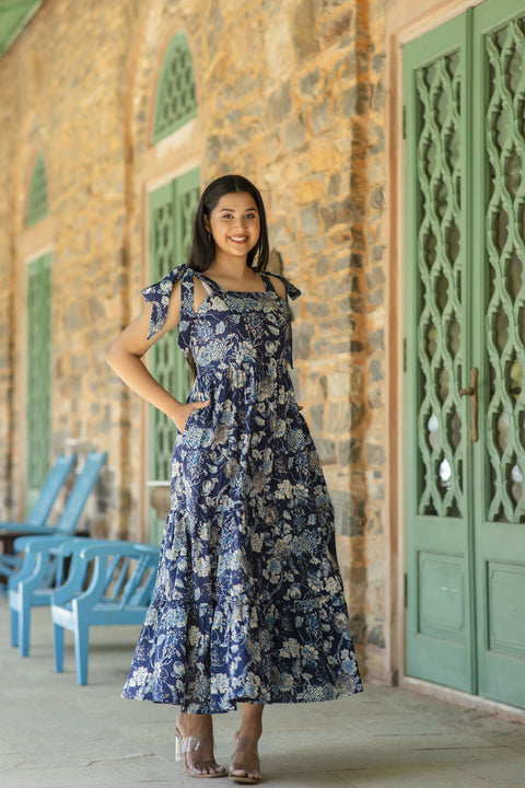 Women Navy Blue Floral Printed Sleeveless Dress