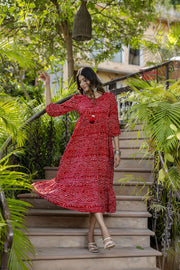 Women Red Bandhani Printed Flared Dress