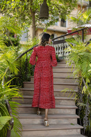 Women Red Bandhani Printed Flared Dress