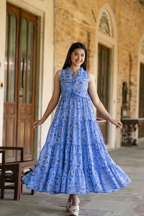 Women Blue Floral Printed Sleeveless Georgette Dress Nayo Clothing Women Blue Floral Printed Sleeveless Georgette Dress Nayo Clothing