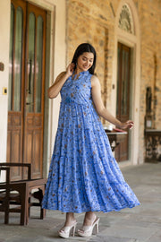 Women Blue Floral Printed Sleeveless Georgette Dress