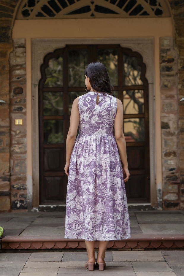Women Purple Abstract Printed Sleeveless Midi Dress