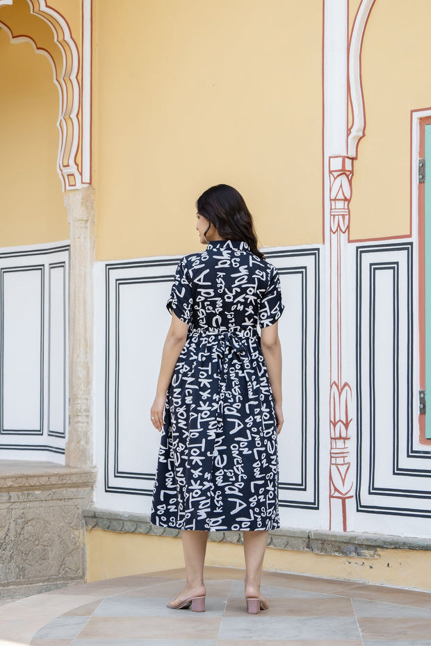 Women Black Abstract Printed Midi Dress
