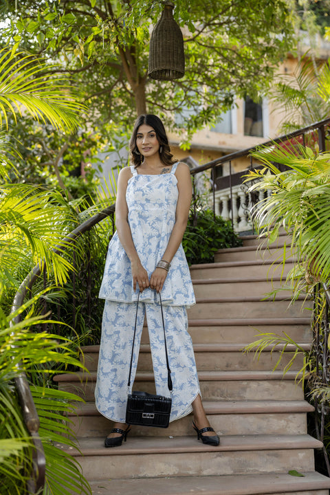 Women Blue Abstrct Printed Peplum Top With Pant