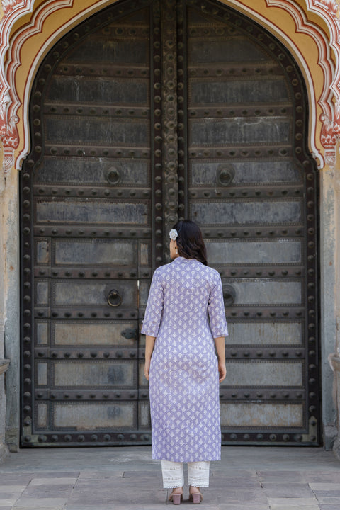 Women Purple Printed Straight Kurta And Trouser With Dupatta