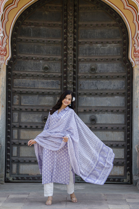 Women Purple Printed Straight Kurta And Trouser With Dupatta