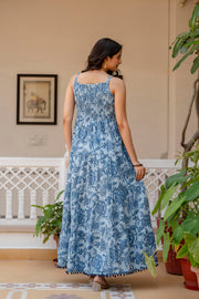 Women Blue Ethnic Printed Flared Dress