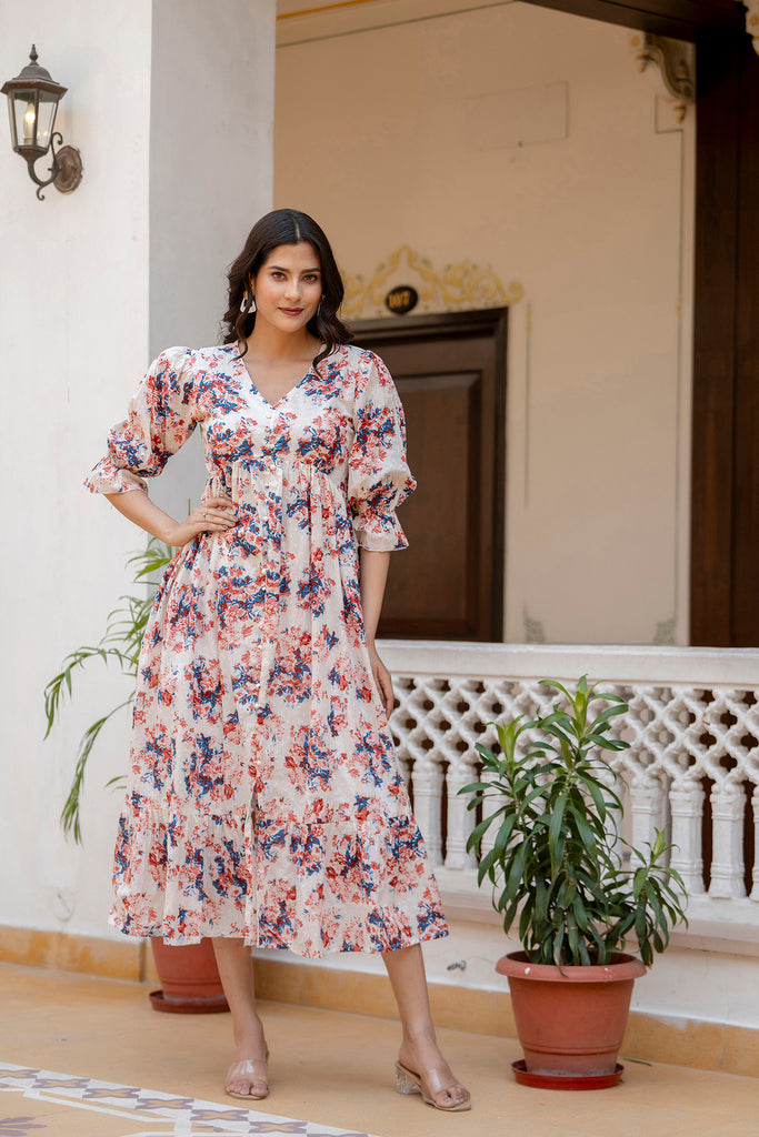 Women Off-White Floral Printed Flared Dress With Three
